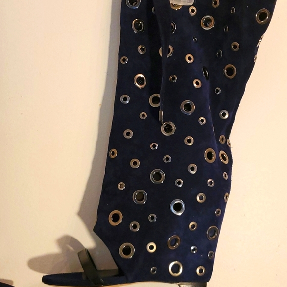 B. Brian Atwood Brigitte Blue Suede Grommet Open Toe Boots - Picture 7 of 9